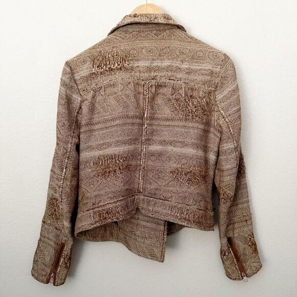 FREE PEOPLE | Brown Tapestry Moto Style Jacket Asymmetrical Zipper | Size 10 - Picture 8 of 9